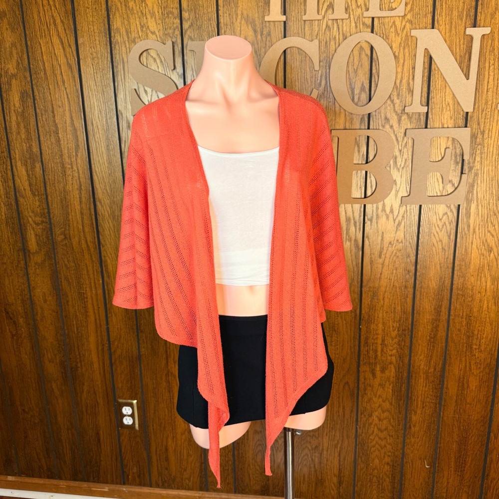 Chenault Cardigan Women Large Coral Open Front Pointelle Knit Cottagecore Boho